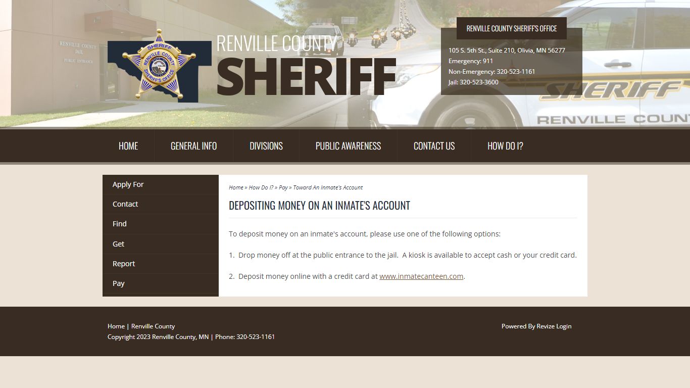 Depositing Money On An Inmate's Account - Renville County, Minnesota